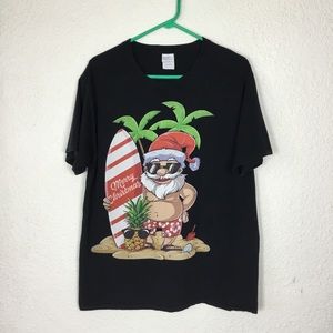 Port Company T Shirt Black Santa Claus Surf Board Beach Palms Santa Unis…